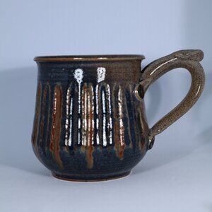 Handmade Stoneware Mug Brown Blue Vertical Drip Rustic Coffee Chocolate Cup 12Oz